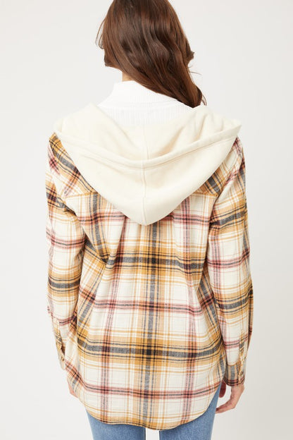 Plaid Flannel Button Up Shacket with Hood