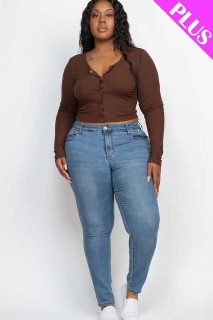 Plus Size Long Sleeve Snap Button Down Crop Top