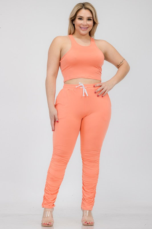 Plus Size Crop Tank Top & Ruched Pants Set