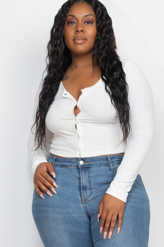 Plus Size Long Sleeve Snap Button Down Crop Top