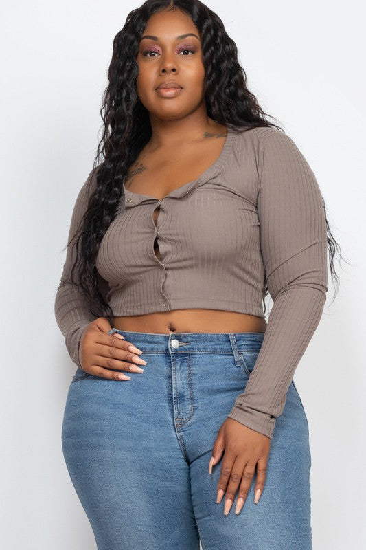 Plus Size Long Sleeve Snap Button Down Crop Top