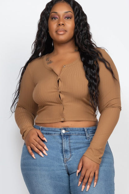 Plus Size Long Sleeve Snap Button Down Crop Top