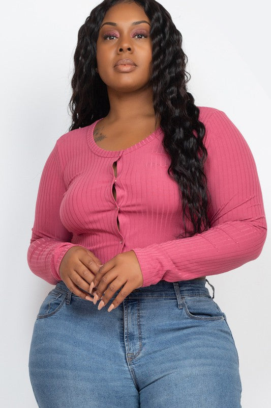 Plus Size Long Sleeve Snap Button Down Crop Top