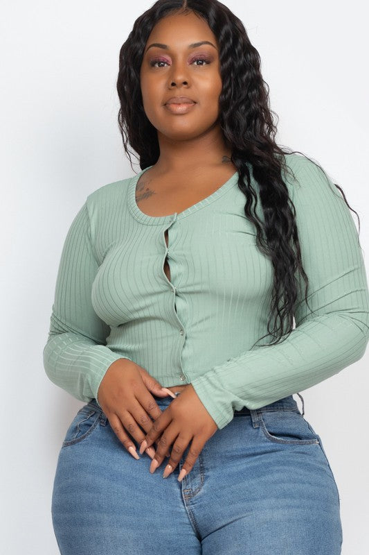 Plus Size Long Sleeve Snap Button Down Crop Top