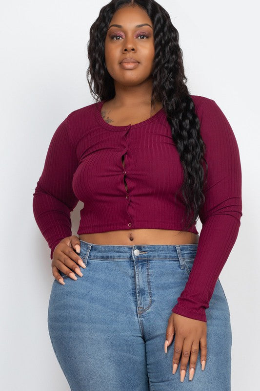 Plus Size Long Sleeve Snap Button Down Crop Top