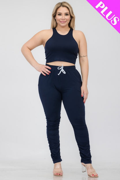 Plus Size Crop Tank Top & Ruched Pants Set