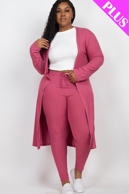 Plus Size Ribbed Long Cardigan & Leggings Set